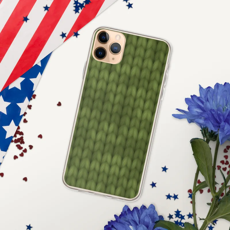 Cozy Knit Green Texture Clear Case for iPhone — seamless olive green knitted fabric texture with realistic interlocking yarn
