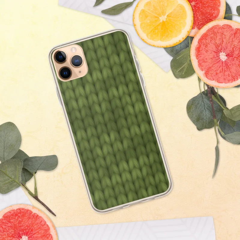 Cozy Knit Green Texture Clear Case for iPhone — seamless olive green knitted fabric texture with realistic interlocking yarn