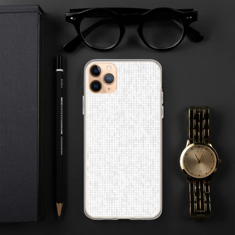 Winter White Knit Clear Case for iPhone — seamless white knit fabric texture with faint silver-gray snowflake motifs woven