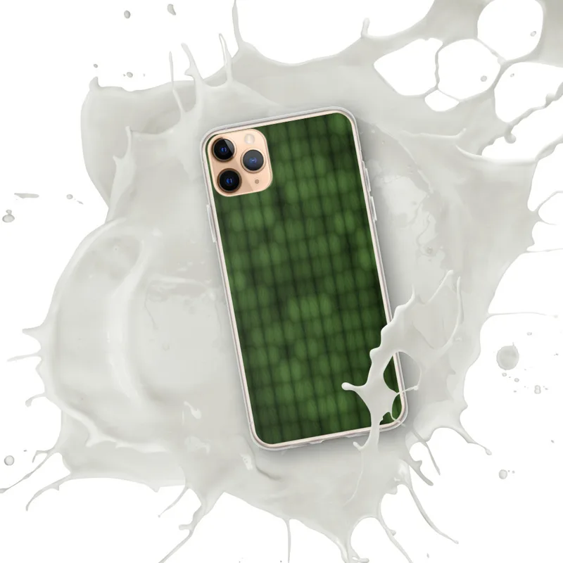 repeating grid of deep olive and emerald green textured cells with a faint skull silhouette emerging from the pattern