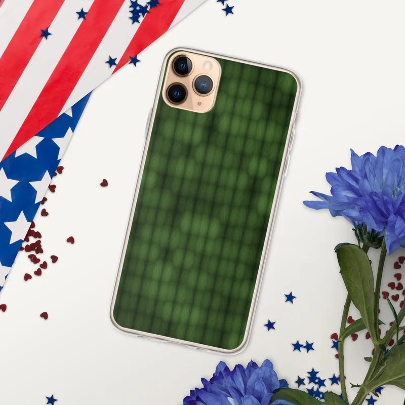 repeating grid of deep olive and emerald green textured cells with a faint skull silhouette emerging from the pattern