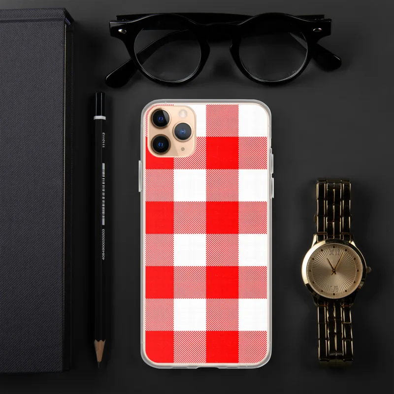 Red Gingham Picnic Plaid Clear Case for iPhone — classic red and white gingham checkerboard woven fabric pattern