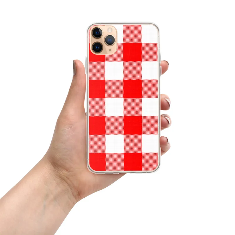 Red Gingham Picnic Plaid Clear Case for iPhone — classic red and white gingham checkerboard woven fabric pattern