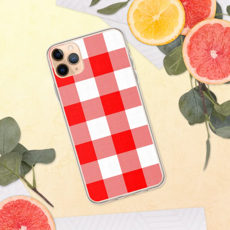 Red Gingham Picnic Plaid Clear Case for iPhone — classic red and white gingham checkerboard woven fabric pattern