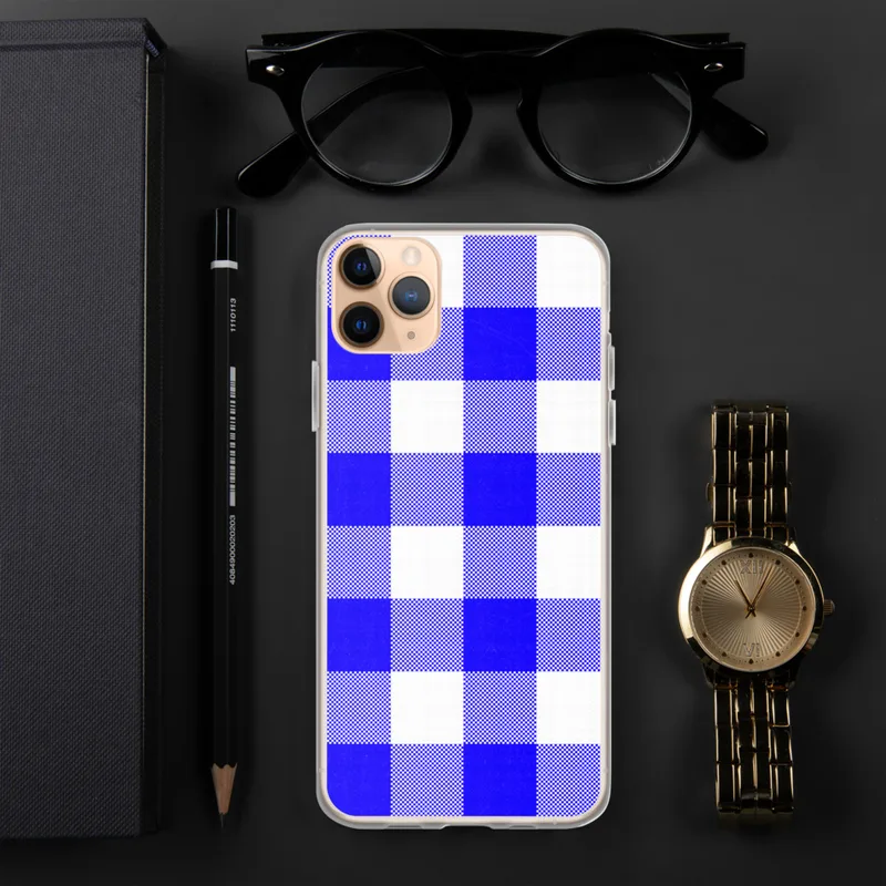 Classic Blue Gingham Clear Case for iPhone — large-scale royal blue and white gingham check pattern with woven texture
