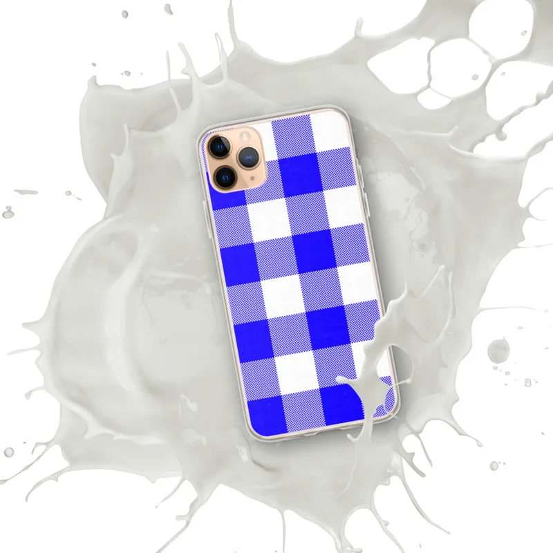 Classic Blue Gingham Clear Case for iPhone — large-scale royal blue and white gingham check pattern with woven texture