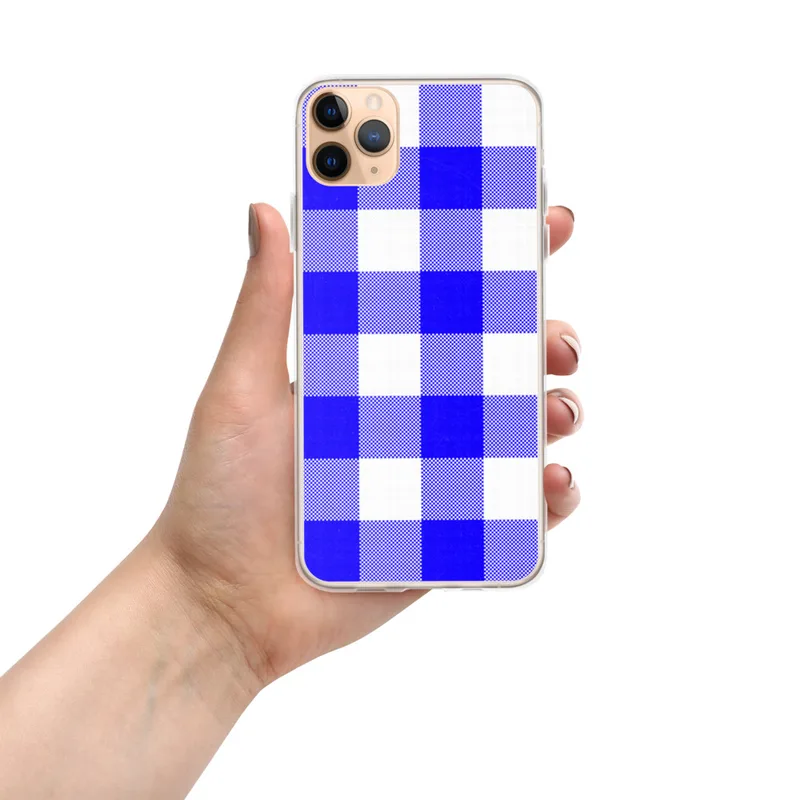 Classic Blue Gingham Clear Case for iPhone — large-scale royal blue and white gingham check pattern with woven texture
