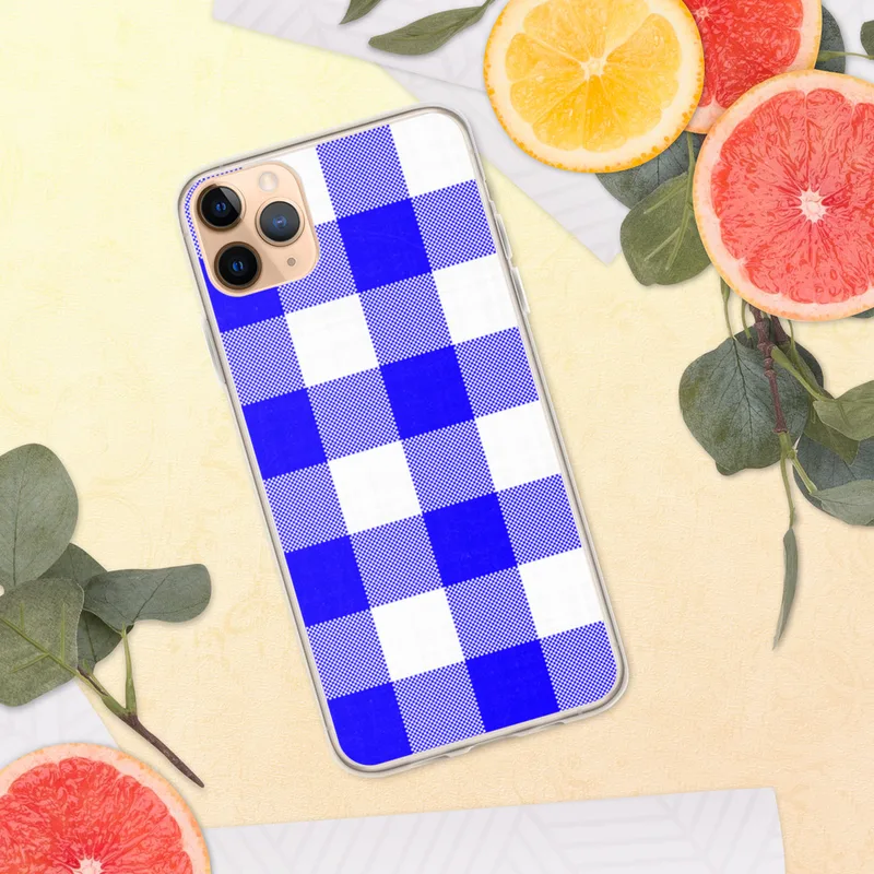 Classic Blue Gingham Clear Case for iPhone — large-scale royal blue and white gingham check pattern with woven texture