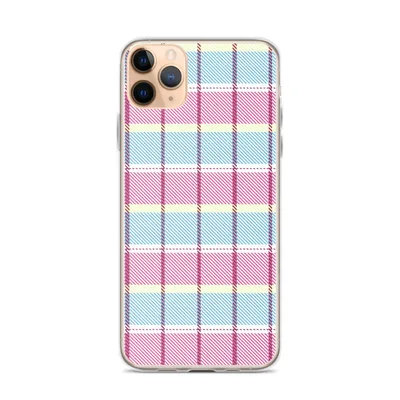 pastel pink, sky blue, pale yellow, and white tartan plaid with bold magenta and purple intersecting lines and diagonal hatching on mockup Pastel Plaid Clear iPhone Case - default view