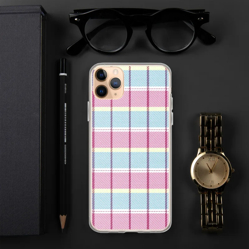 Pastel Plaid Clear Case for iPhone — pastel pink, sky blue, pale yellow, and white tartan plaid with bold magenta and purple