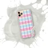 Pastel Plaid Clear Case for iPhone — pastel pink, sky blue, pale yellow, and white tartan plaid with bold magenta and purple
