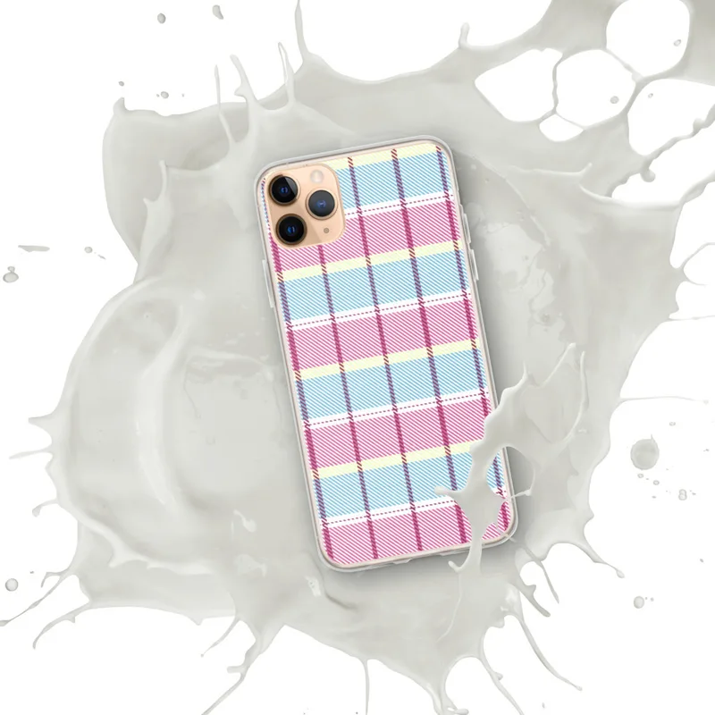 Pastel Plaid Clear Case for iPhone — pastel pink, sky blue, pale yellow, and white tartan plaid with bold magenta and purple