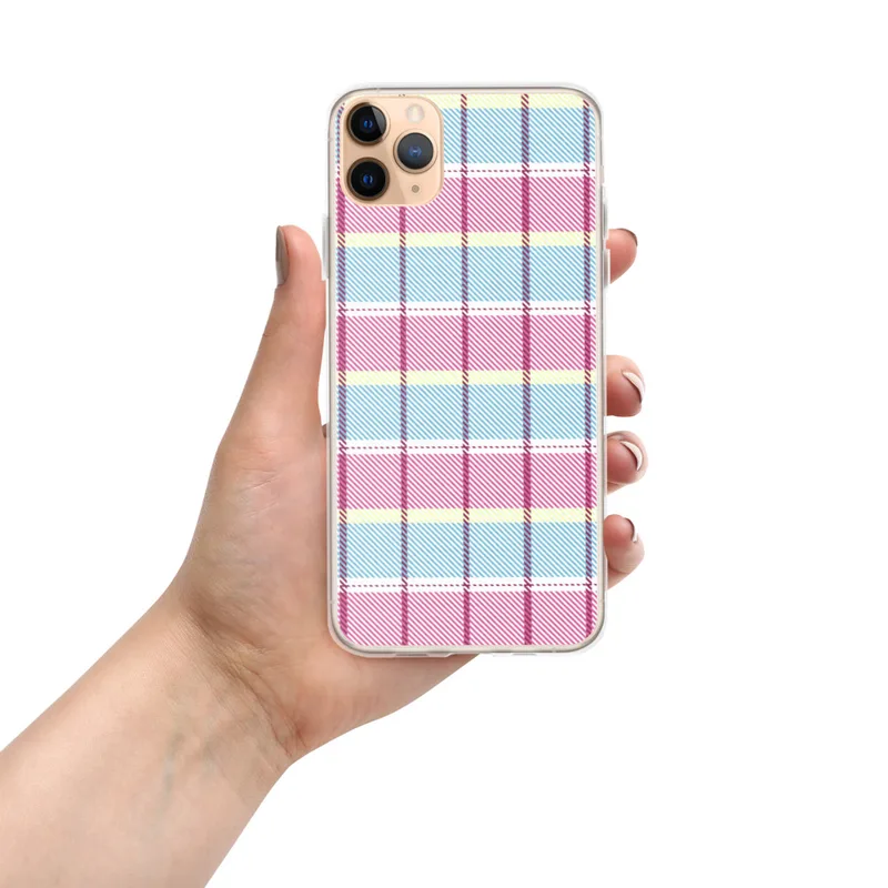 Pastel Plaid Clear Case for iPhone — pastel pink, sky blue, pale yellow, and white tartan plaid with bold magenta and purple