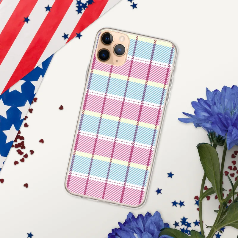 Pastel Plaid Clear Case for iPhone — pastel pink, sky blue, pale yellow, and white tartan plaid with bold magenta and purple