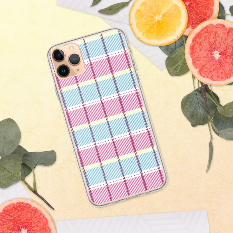 Pastel Plaid Clear Case for iPhone — pastel pink, sky blue, pale yellow, and white tartan plaid with bold magenta and purple