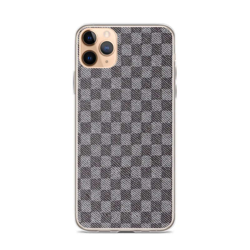 Classic Grey Plaid Clear Case for iPhone — woven-style checkerboard plaid pattern in alternating dark charcoal and soft