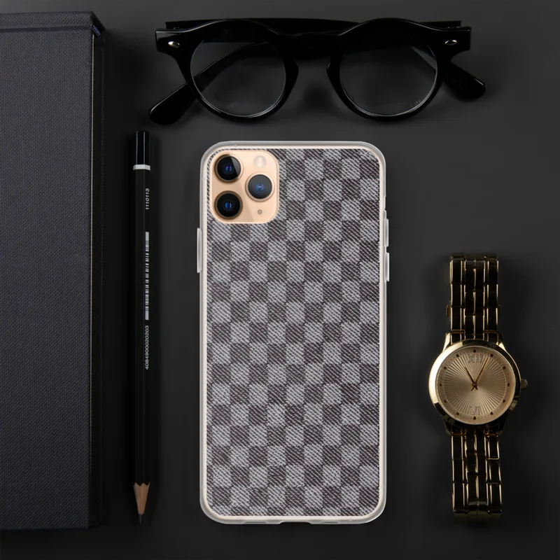 Classic Grey Plaid Clear Case for iPhone — woven-style checkerboard plaid pattern in alternating dark charcoal and soft