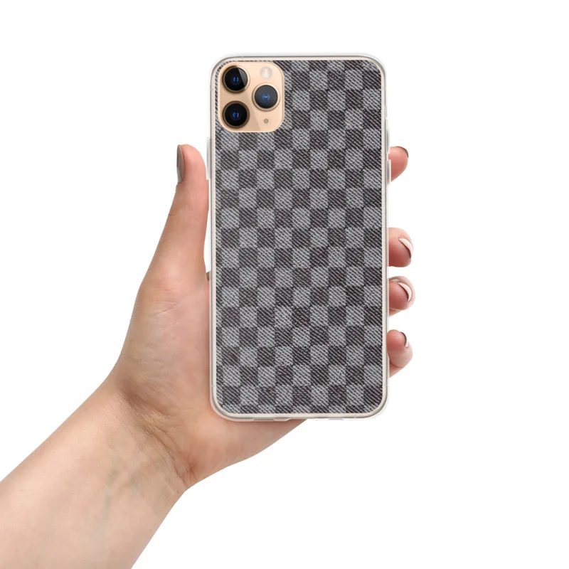 Classic Grey Plaid Clear Case for iPhone — woven-style checkerboard plaid pattern in alternating dark charcoal and soft