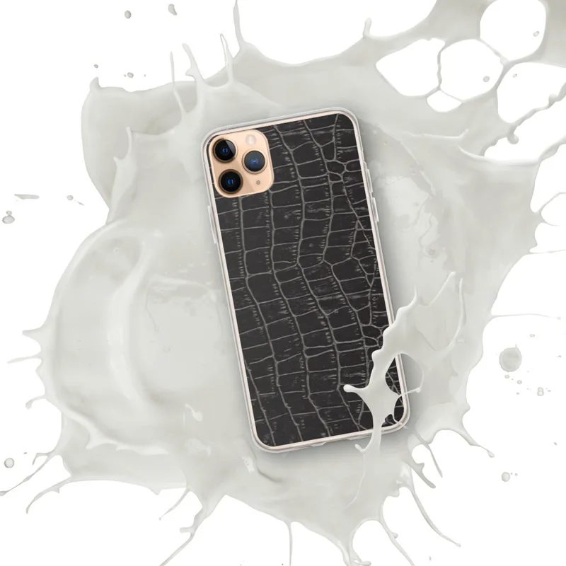 Dark Croc Skin Clear Case for iPhone — close-up black crocodile skin scale pattern with deep charcoal tones and raised gray