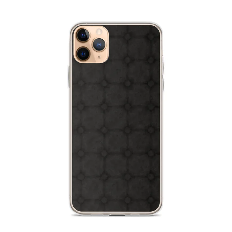 Dark Stone Grid Clear Case for iPhone — repeating charcoal cobblestone grid with beveled tiles and ornate cross junctions