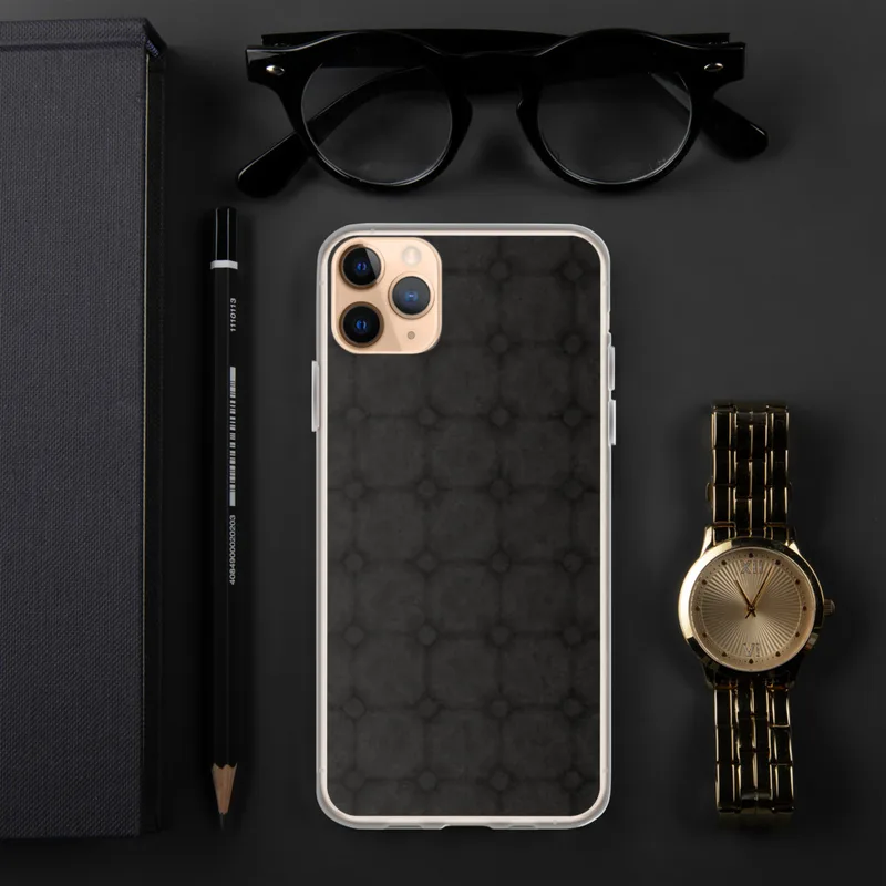 Dark Stone Grid Clear Case for iPhone — repeating charcoal cobblestone grid with beveled tiles and ornate cross junctions