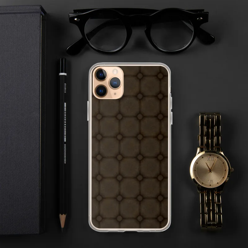 Dark Stone Cobblestone Grid Clear Case for iPhone — seamlessly tiling rounded octagonal cobblestone grid in deep espresso