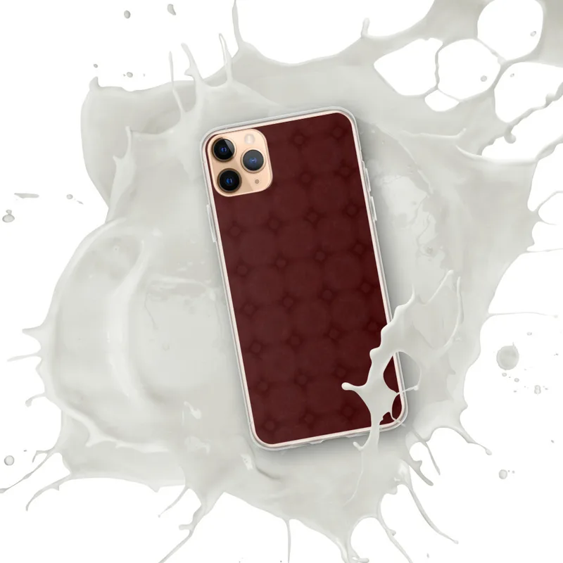 Crimson Lattice Clear Case for iPhone — deep burgundy tufted lattice pattern with diamond grid and subtle floral rosette