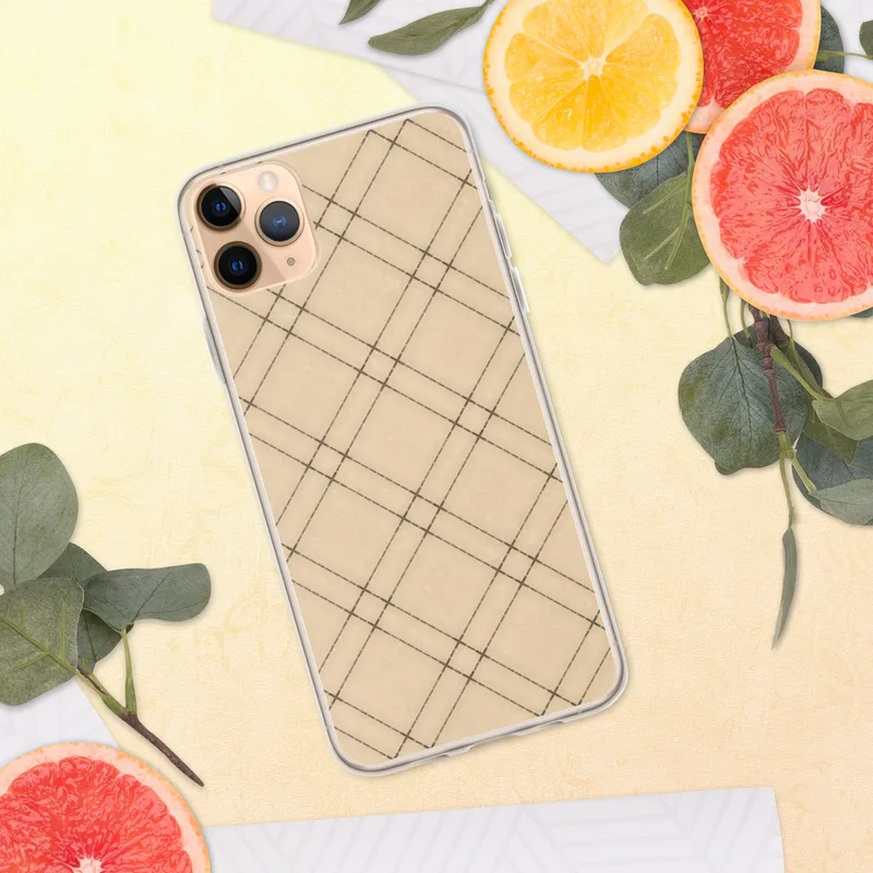 Diagonal Lattice Clear Case for iPhone — diagonal diamond lattice grid pattern in warm sandy beige with thin dark brown