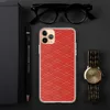 Crimson Diamond Grid Clear Case for iPhone — red watercolor background with a repeating diamond lattice pattern of fine