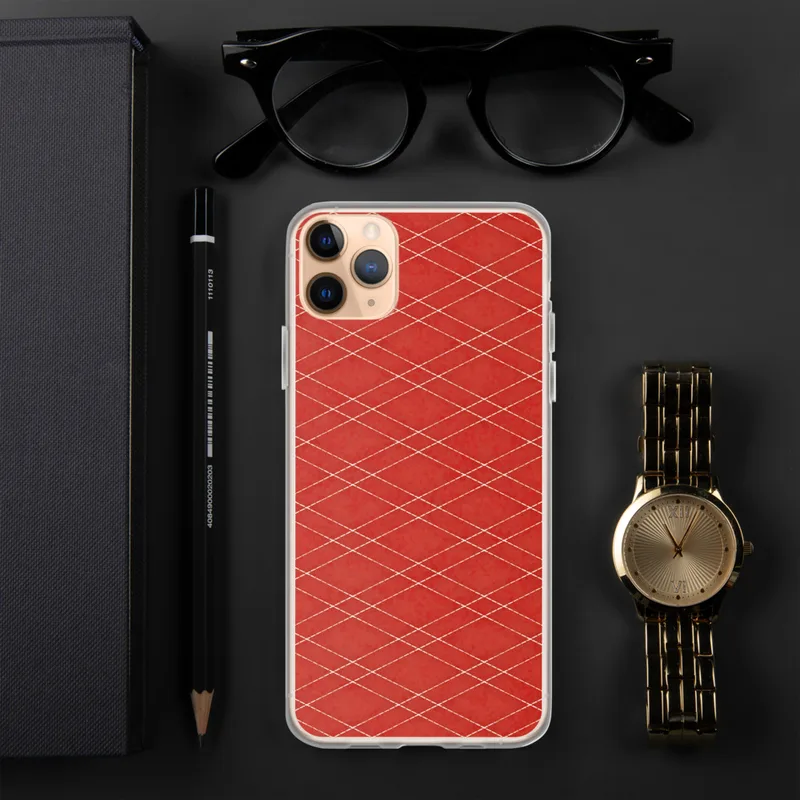 Crimson Diamond Grid Clear Case for iPhone — red watercolor background with a repeating diamond lattice pattern of fine