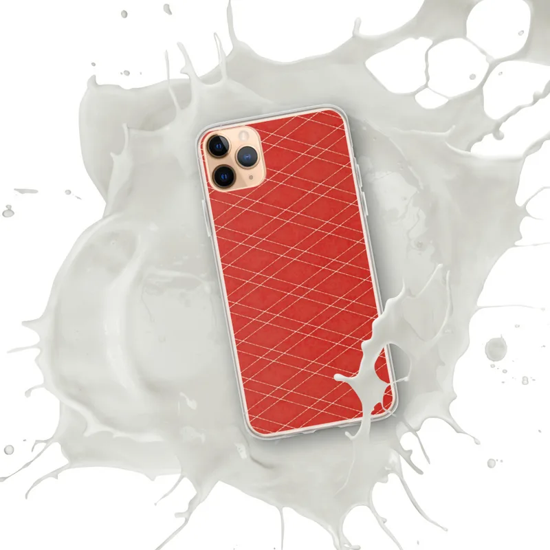 Crimson Diamond Grid Clear Case for iPhone — red watercolor background with a repeating diamond lattice pattern of fine