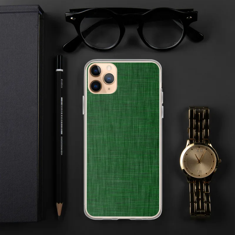 Forest Green Linen Texture Clear Case for iPhone — close-up woven linen fabric texture in deep forest green with subtle
