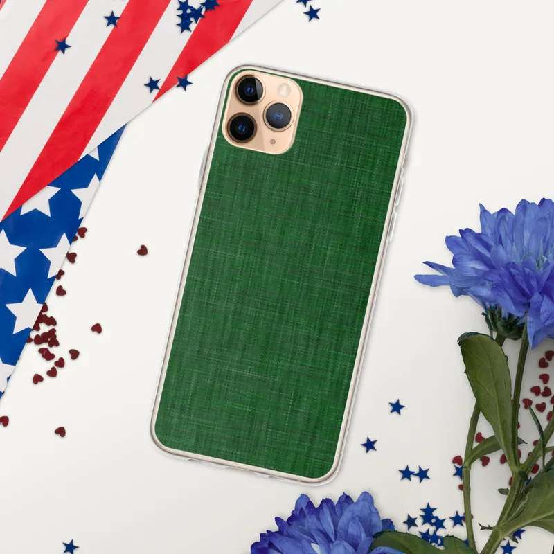 Forest Green Linen Texture Clear Case for iPhone — close-up woven linen fabric texture in deep forest green with subtle