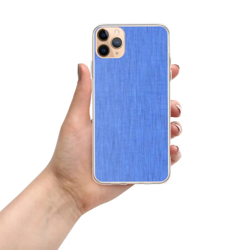 Cobalt Weave Clear Case for iPhone — closeup woven fabric texture in layered cobalt and cornflower blue tones with a fine