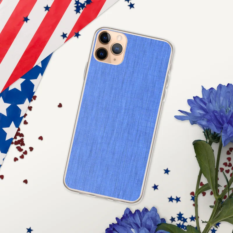 Cobalt Weave Clear Case for iPhone — closeup woven fabric texture in layered cobalt and cornflower blue tones with a fine