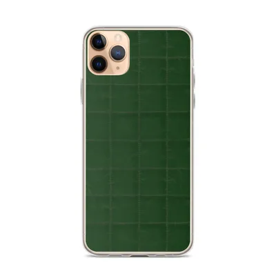 deep hunter green quilted fabric pattern with a precise stitched grid of evenly spaced squares across the entire surface on mockup Forest Green Grid Clear Case - default view