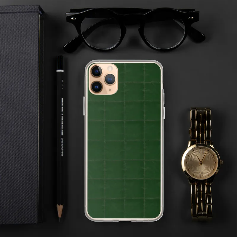 Forest Green Grid Clear Case for iPhone — deep hunter green quilted fabric pattern with a precise stitched grid of evenly