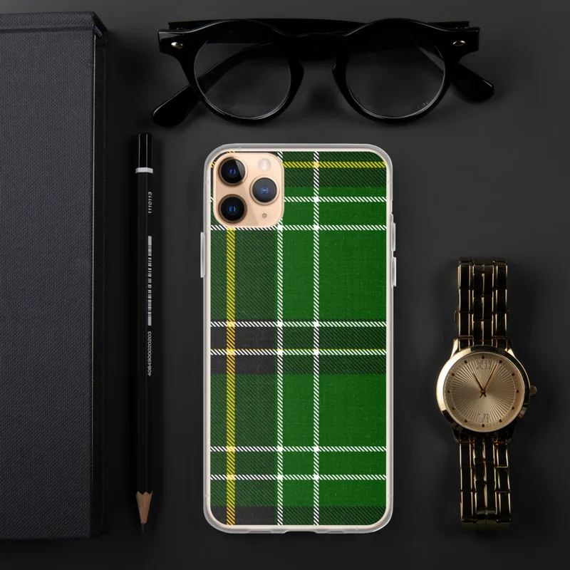 Highland Green Tartan Clear Case for iPhone — classic Scottish tartan pattern in deep emerald green with intersecting black