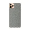 Woven Textile Grid Clear Case for iPhone — tightly woven basket-weave grid pattern in alternating teal and natural cream