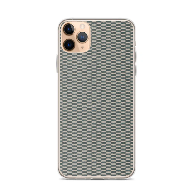 Woven Textile Grid Clear Case for iPhone — tightly woven basket-weave grid pattern in alternating teal and natural cream