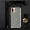 Woven Textile Grid Clear Case for iPhone — tightly woven basket-weave grid pattern in alternating teal and natural cream