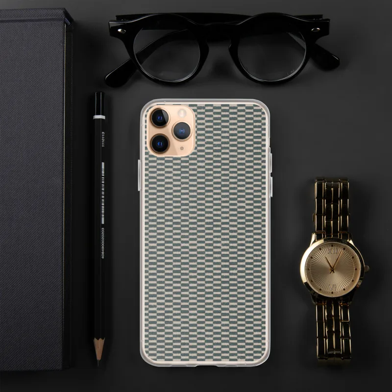 Woven Textile Grid Clear Case for iPhone — tightly woven basket-weave grid pattern in alternating teal and natural cream