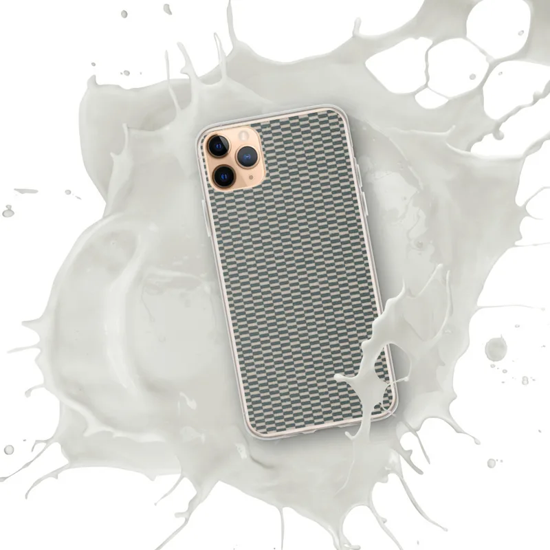 Woven Textile Grid Clear Case for iPhone — tightly woven basket-weave grid pattern in alternating teal and natural cream