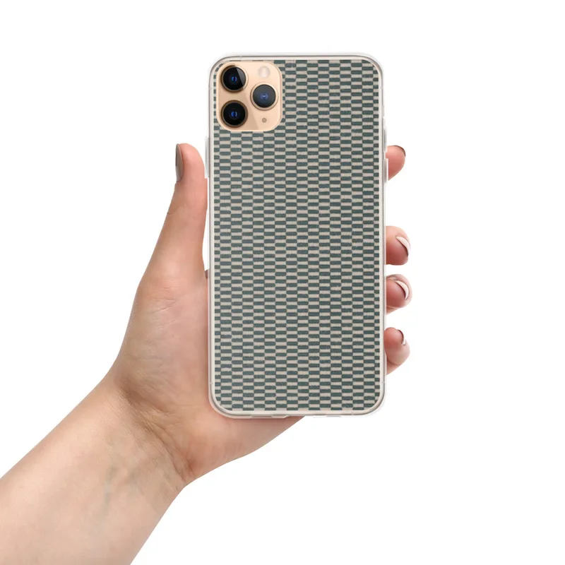 Woven Textile Grid Clear Case for iPhone — tightly woven basket-weave grid pattern in alternating teal and natural cream