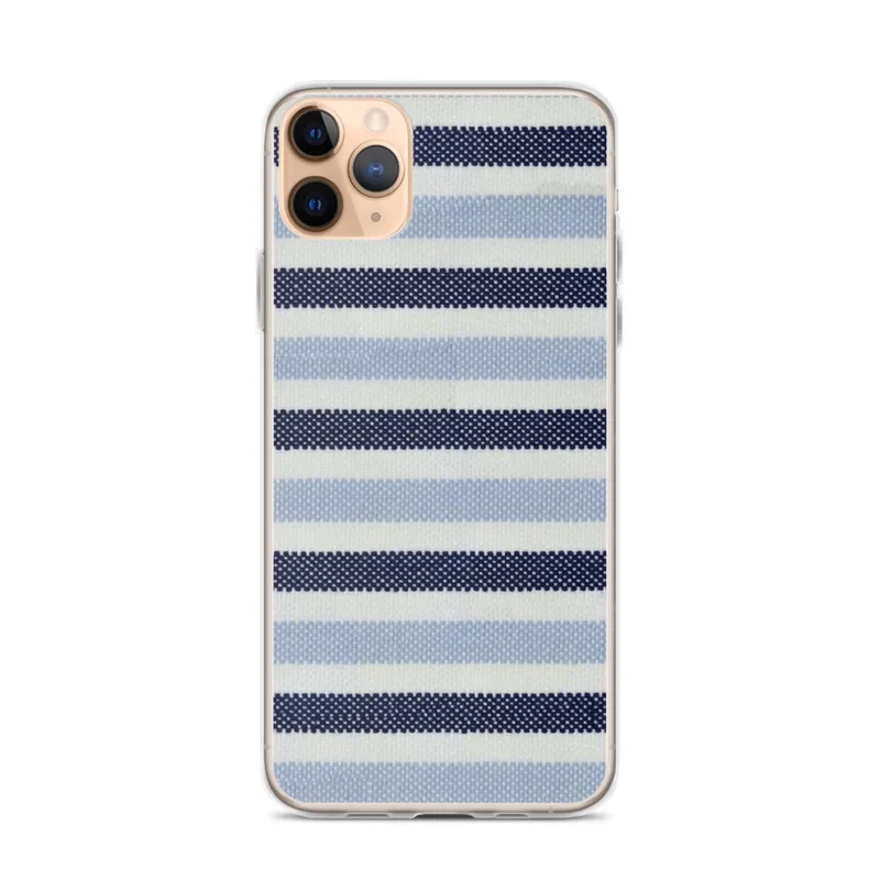 Nautical Stripe Clear Case for iPhone — horizontal woven stripes alternating between deep navy, powder blue, and white