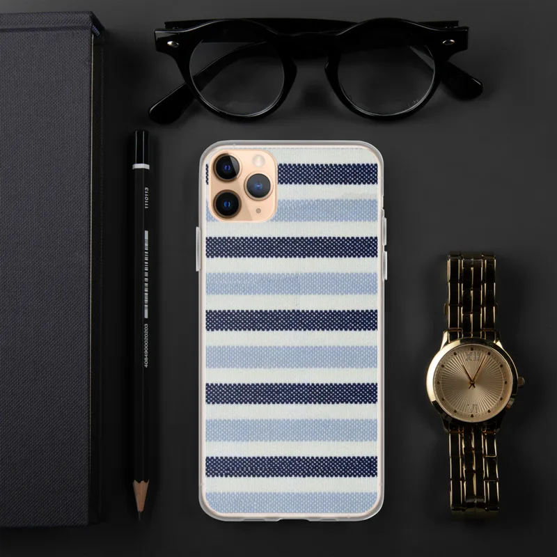 Nautical Stripe Clear Case for iPhone — horizontal woven stripes alternating between deep navy, powder blue, and white