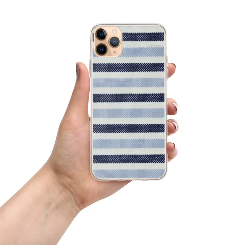 Nautical Stripe Clear Case for iPhone — horizontal woven stripes alternating between deep navy, powder blue, and white