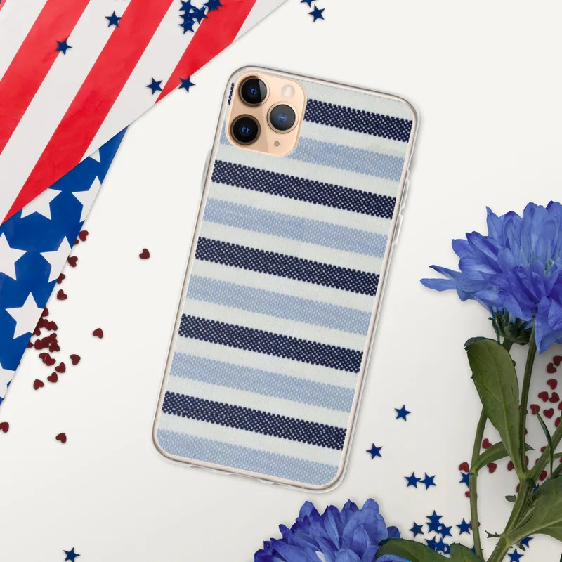 Nautical Stripe Clear Case for iPhone — horizontal woven stripes alternating between deep navy, powder blue, and white
