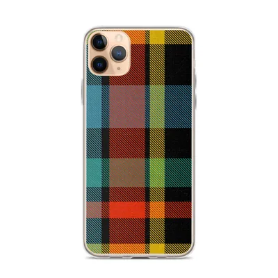 classic tartan plaid woven pattern in deep black, red-orange, golden yellow, teal, and bright green diagonal stripes on mockup Amber Tartan Plaid Clear Case - default view