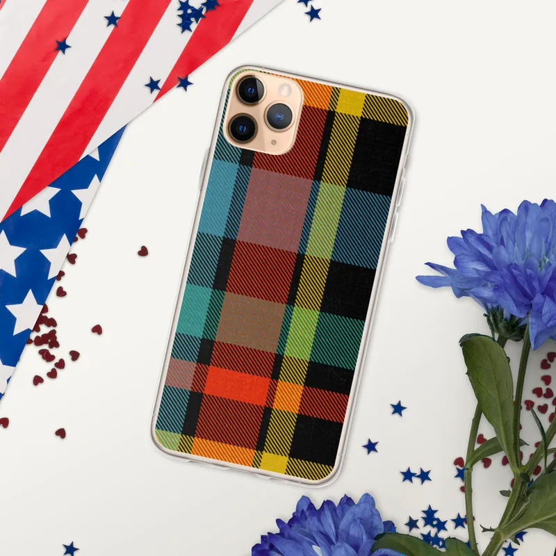 Amber Tartan Plaid Clear Case for iPhone — classic tartan plaid woven pattern in deep black, red-orange, golden yellow